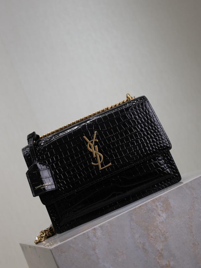 SAINT LAURENT motivo coccodrillo nero con fibbia dorata·sunset 22 cm tramonto