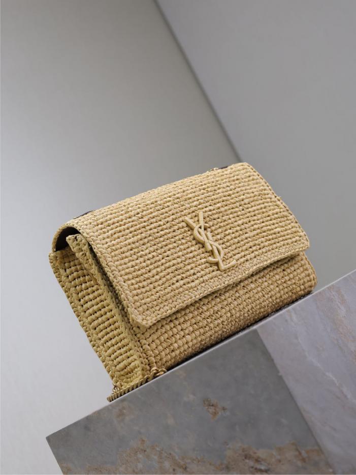 SAINT LAURENT rafia albicocca intrecciata con catena in pelle marrone Kate
